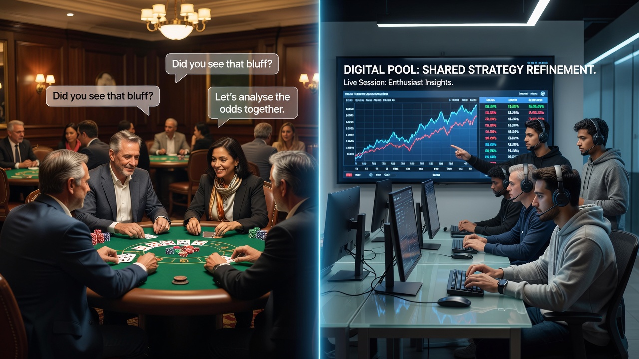 Online poker players collaborating on strategy through a digital interface with hand history overlays
