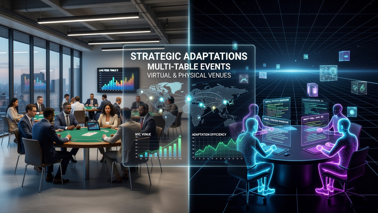 Live poker tournament floor with multiple tables and players reading physical tells during a major event